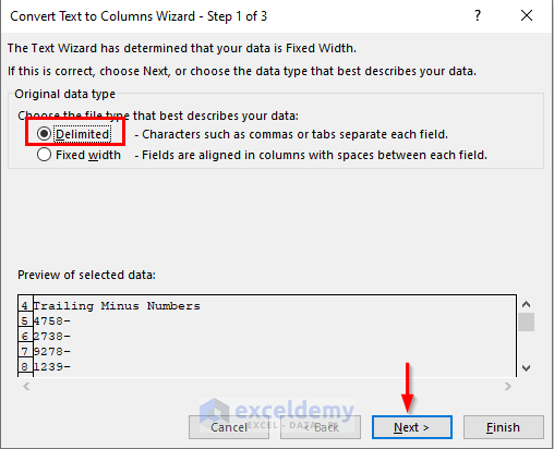Step 1 of Convert text to Column Wizard in Excel