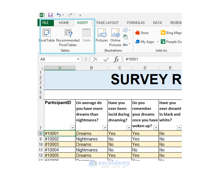 Excel, Insert Tab, Pivot Table