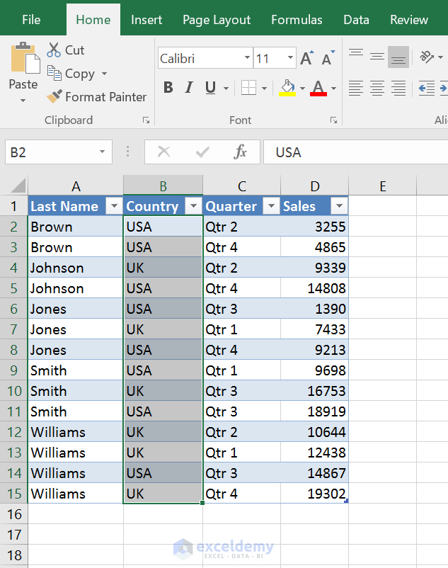 A column of Excel table is selected
