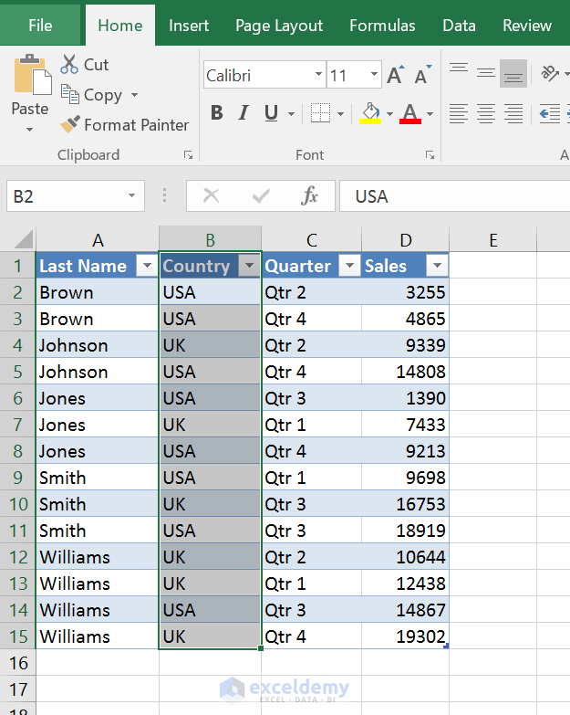 A column of Excel table is selected with its heading