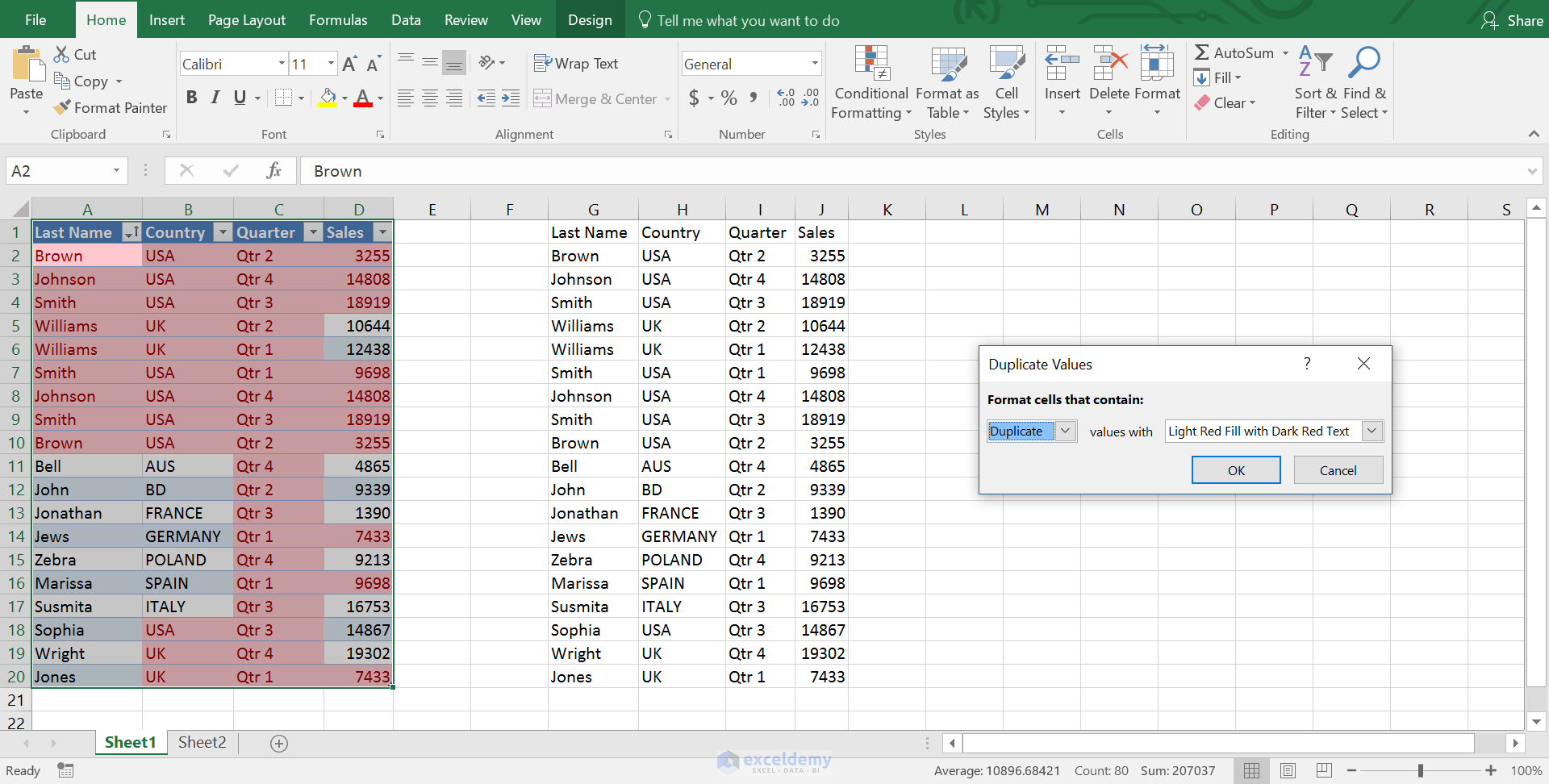 Duplicate values dialog box, Excel table