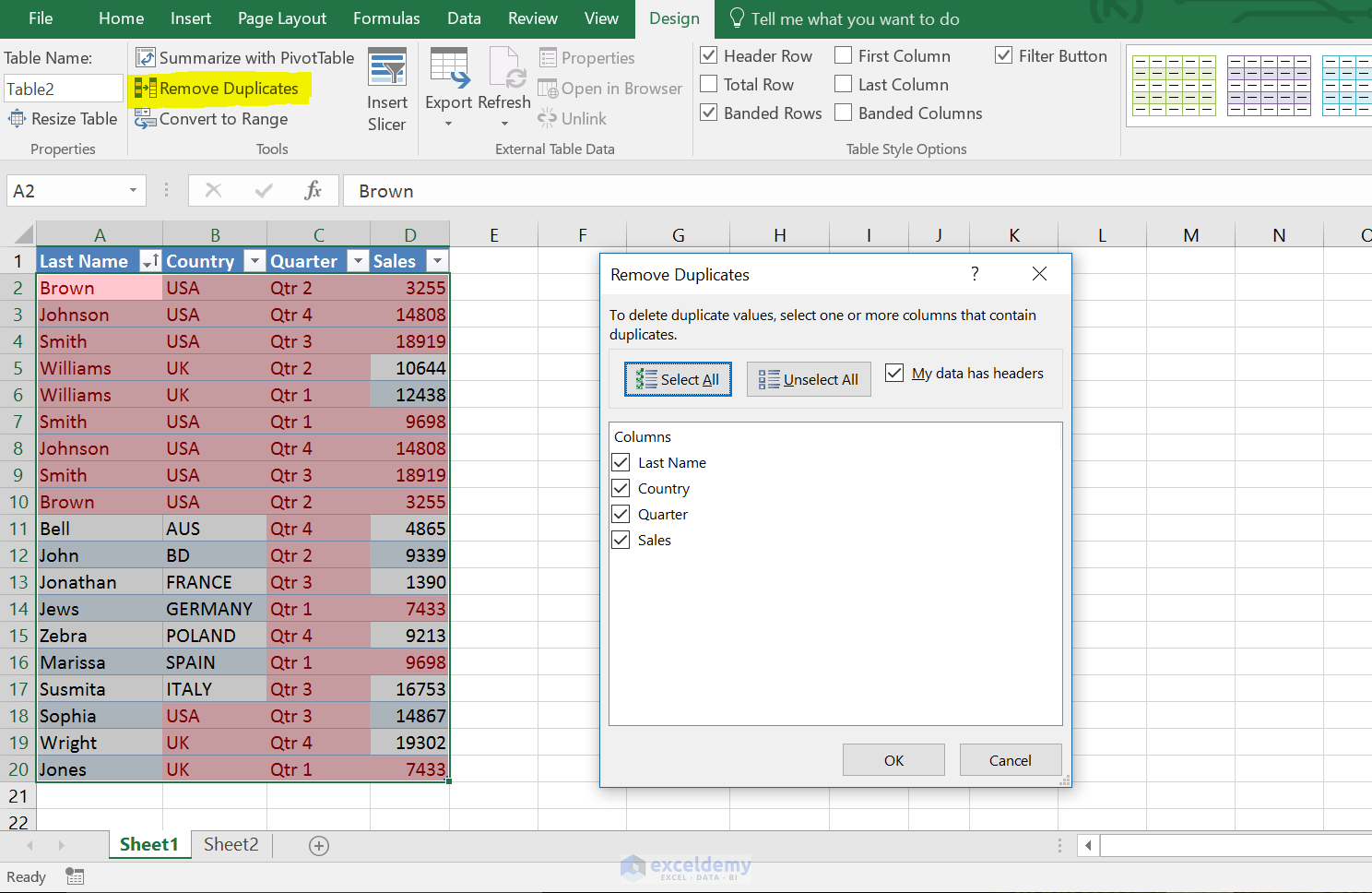 Remove duplicates dialog box, Excel table