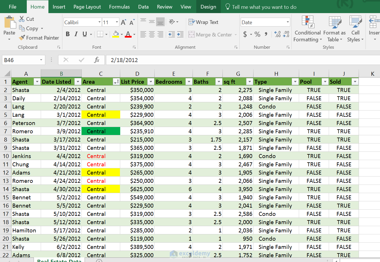 A filtered Excel table