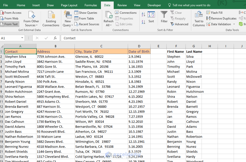 Splitting columns in Excel with Text to Columns feature