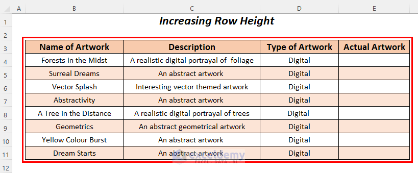 increasing row height to use excel objects to create an art portfolio
