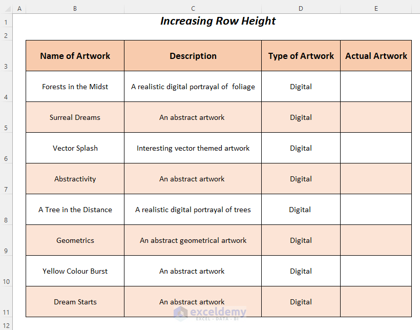 increased row height to use excel objects to create an art portfolio