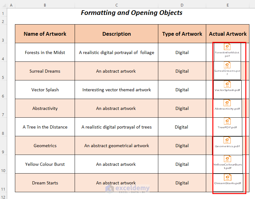 formatting and opening Excel objects for creating art portfolio