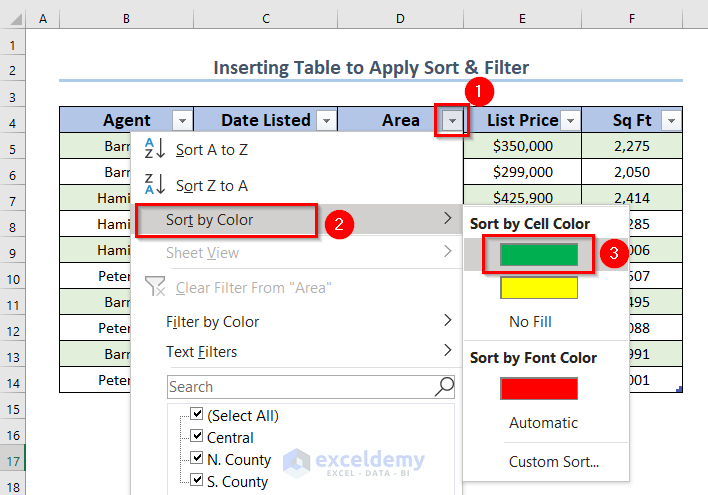 Application of Filter Button to sort and filter excel table 