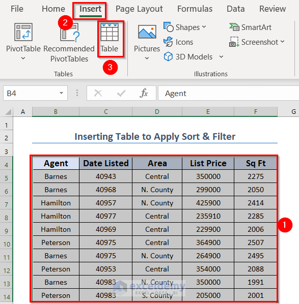 Inserting Table to Apply Sort and Filter in Excel
