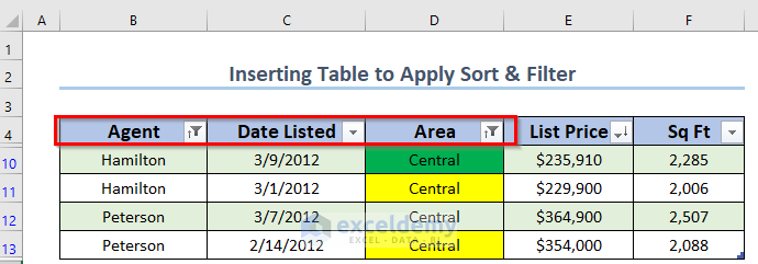 Result of inserting table to Sort and Filter with Excel Table