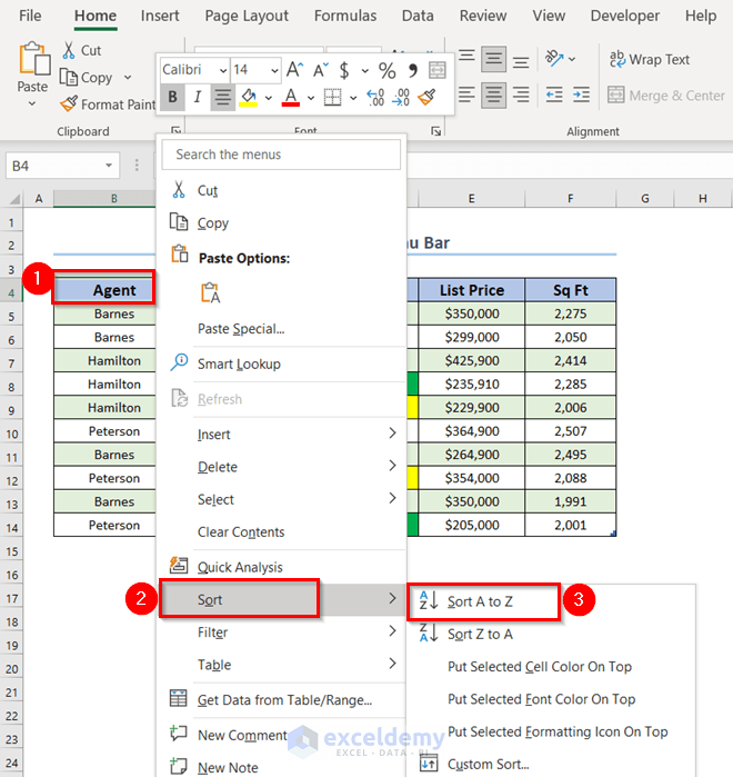 Use of Context Menu Bar to Sort and Filter with Excel Table