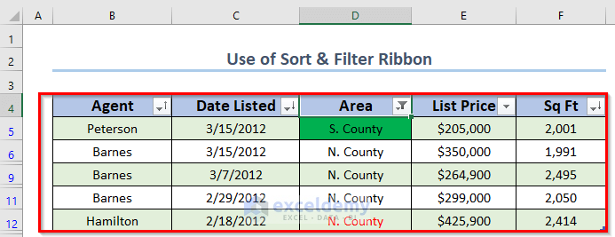 Result for Employing Sort & Filter Command in Excel Table