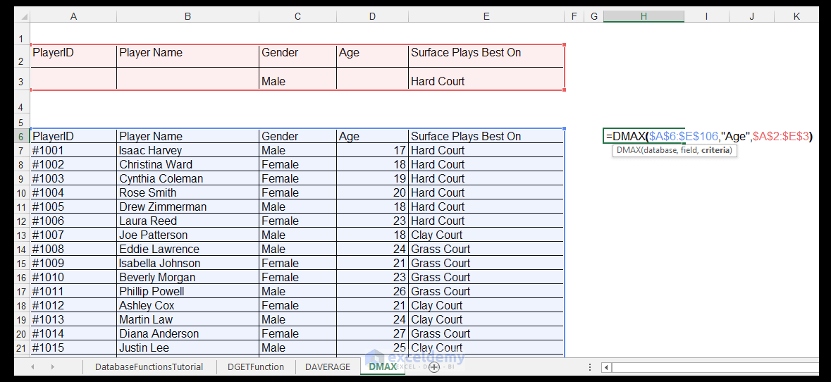 Excel DMAX Function Syntax