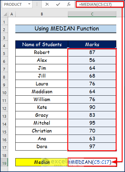 Using MEDIAN Function to Calculate Median in Exce