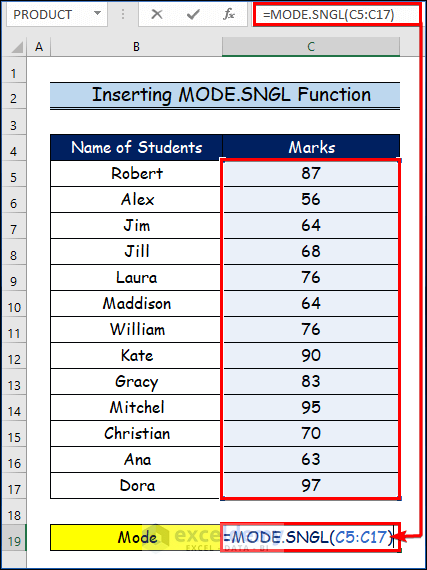 Inserting MODE.SNGL Function to Calculate Mean, Median, and Mode in Excel