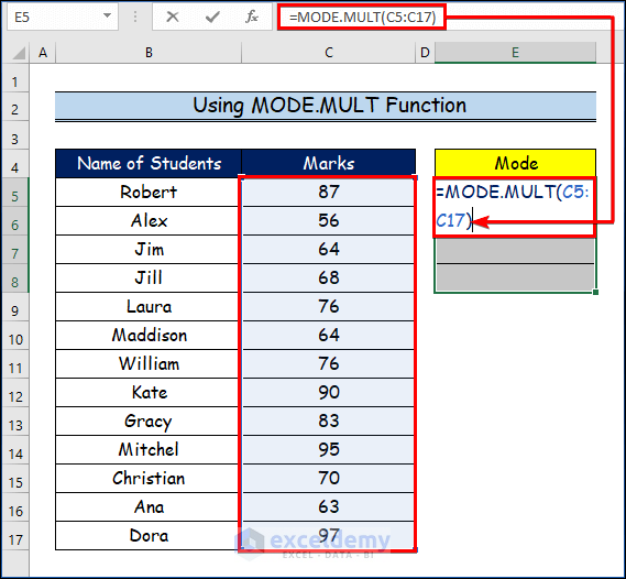 Using MODE.MULT Function to Calculate Mean, Median, and Mode in Excel