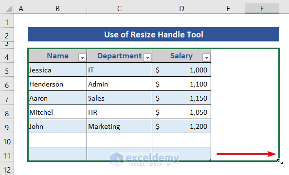 Insert columns in Excel Table using Resize Handle tool