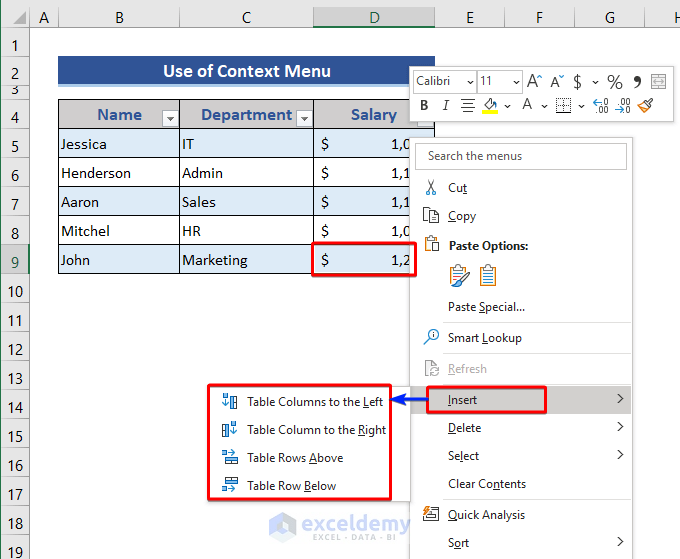 Insert rows and columns from the Context Menu
