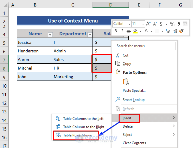 Insert multiple rows from the context menu