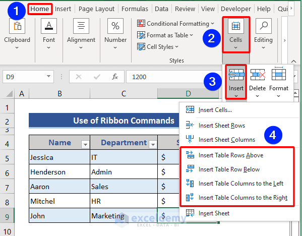 Insert options of rows and columns in Excel table from the ribbon commands