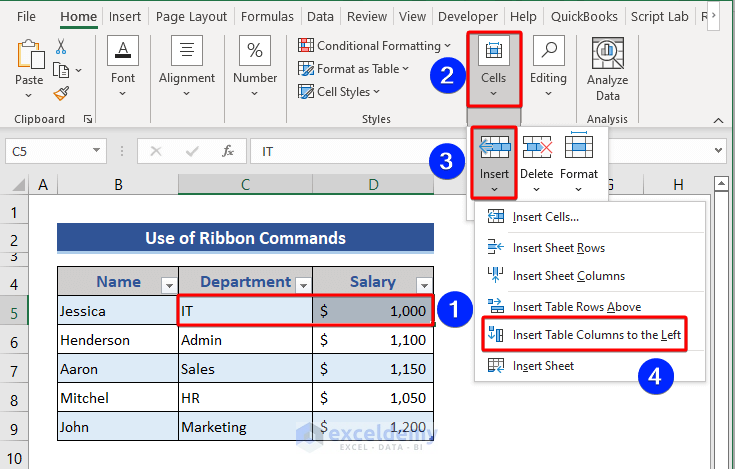 Insert multiple columns in Excel table from the ribbon commands