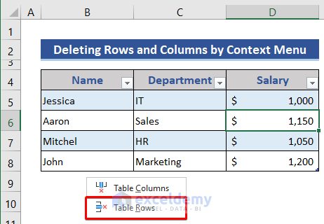 Delete rows of Excel table