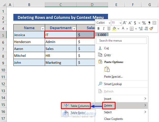 Delete multiple columns of Excel table from Context Menu