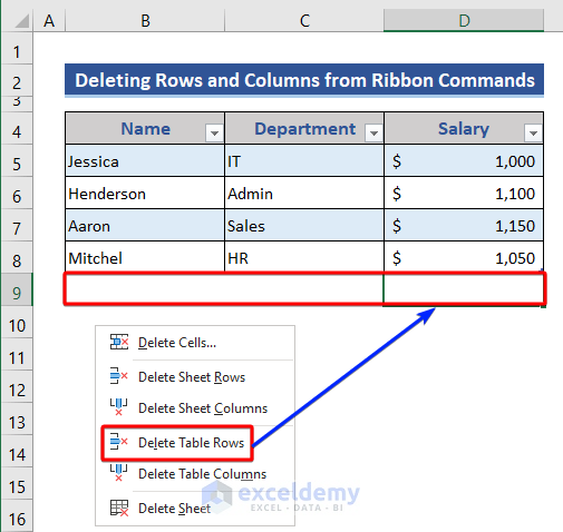 Delete rows of Excel table from Ribbon commands