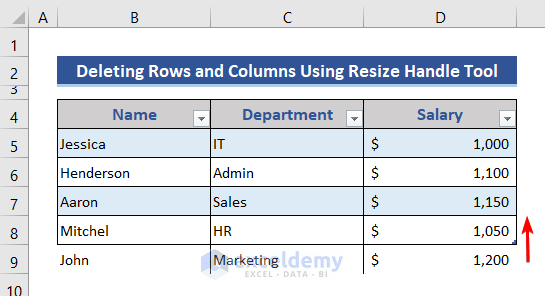Delete rows of table by Resize handle tool