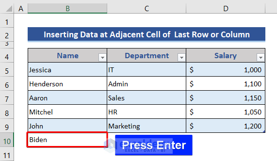 Add new row in Excel table by entering data