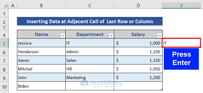 Insert new column in Excel table by entering new data