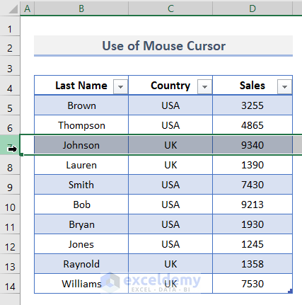 Navigate Excel Table with Mouse Cursor