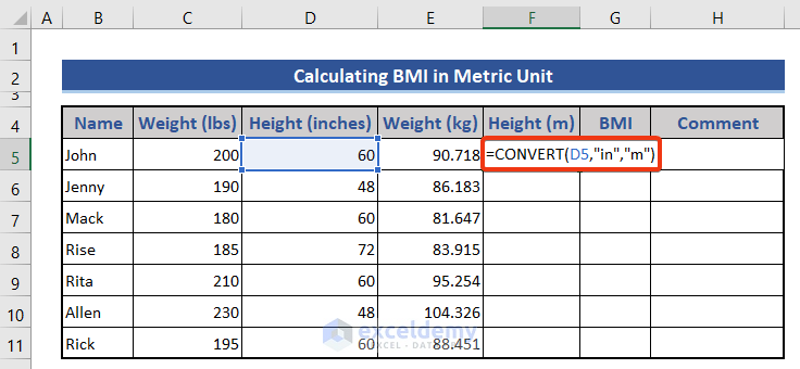 Use CONVERT function to convert height from inches to meter in Excel