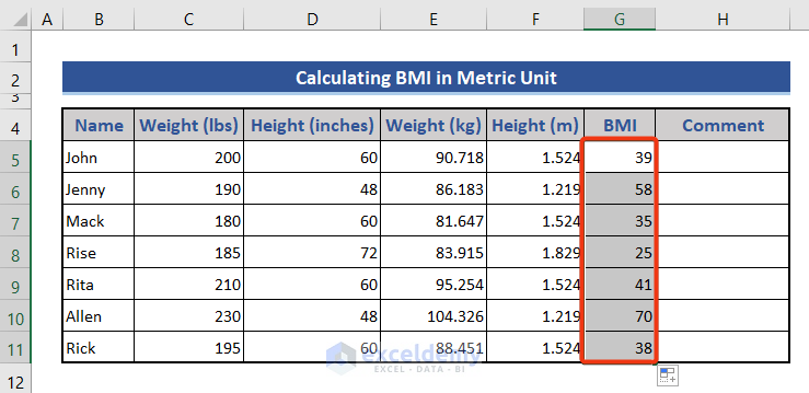 Calculated BMI with values derived from Excel CONVERT function