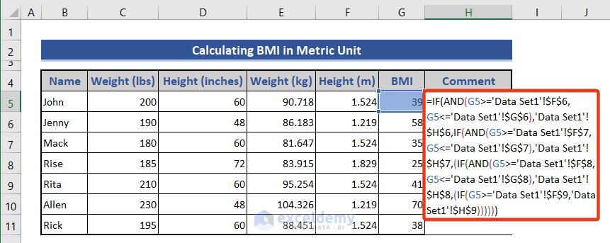 Interpret Health Condition from Predefined BMI Chart Using Another Excel Formula