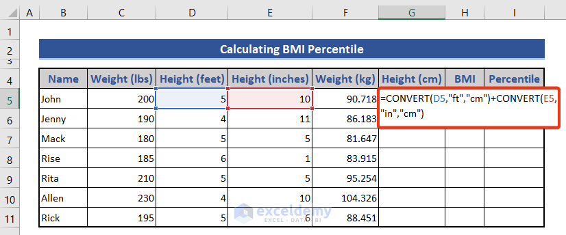 Convert height from feet and inches to cm in Excel using CONVERT function in Excel