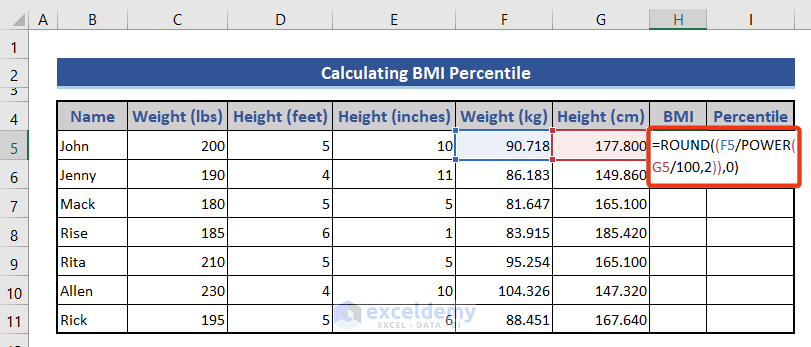 Calculate BMI for Percentile in Excel