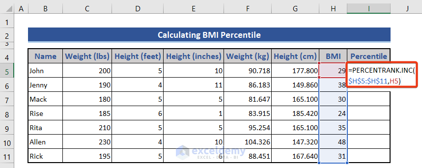 Calculate BMI Percentile in Cm and Kg Units in Excel