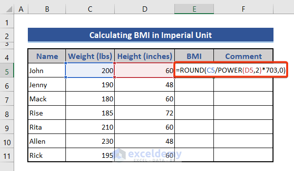 Calculate BMI in metric imperial unit in Excel