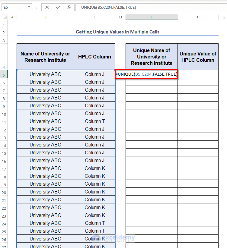 Find Unique Values in Excel Multiple Columns