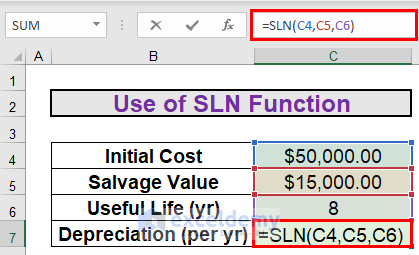 SLN Function to calculate depreciation in excel