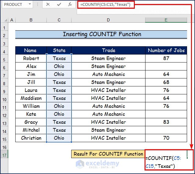 Inserting COUNTIF Function to Count Specific Names in Excel