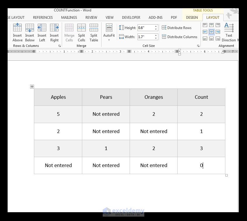 COUNT Function in MS Word