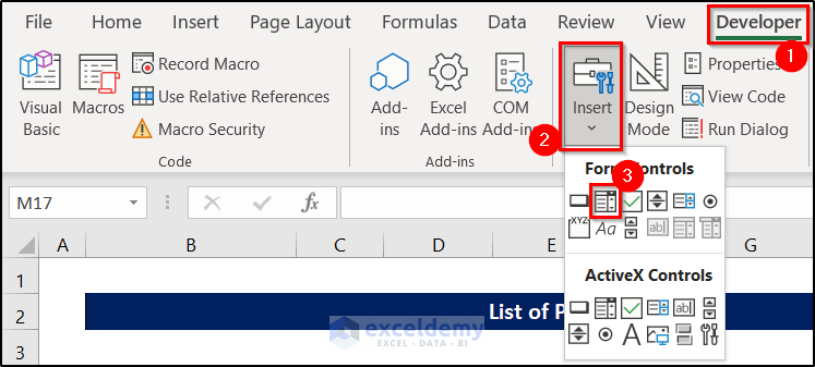 inserting combo box from excel form controls