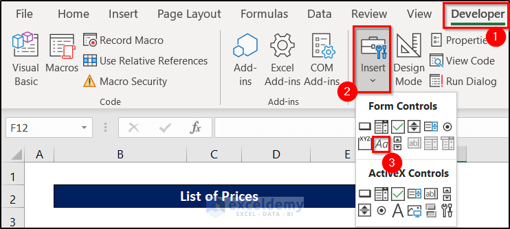 inserting excel form controls label