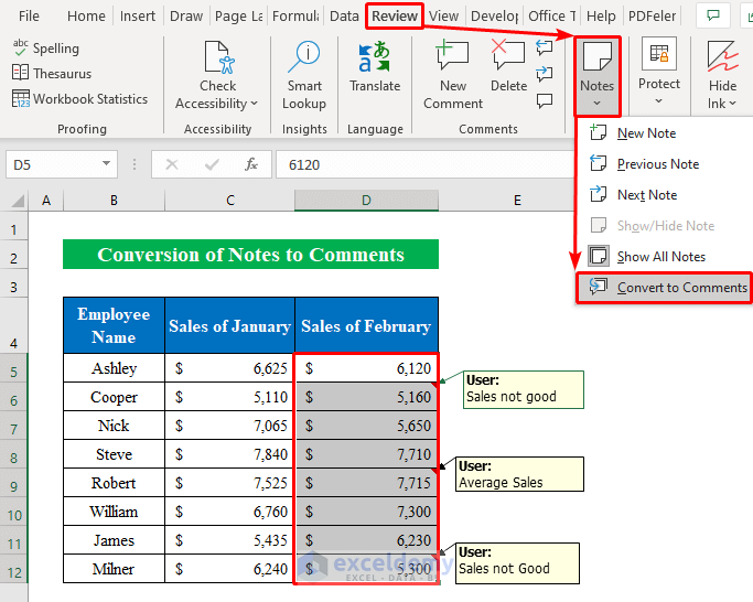 Convert Notes to Comments for Creating and Editing Comments in Excel