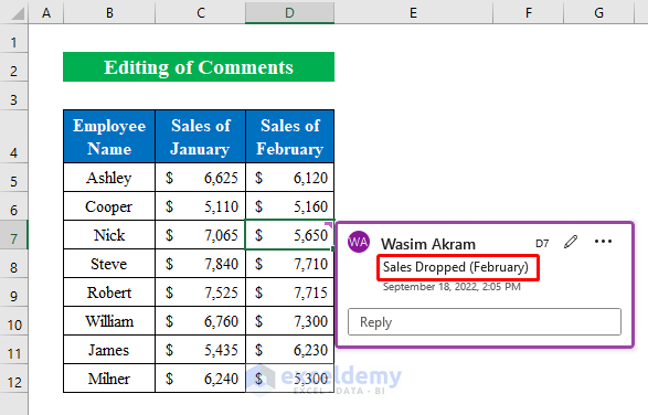 Edit Comments in Excel for creating and editing excel comments