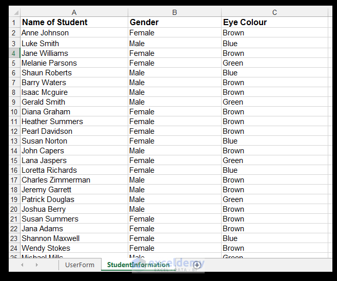 Name of student, Gender, Eye Color
