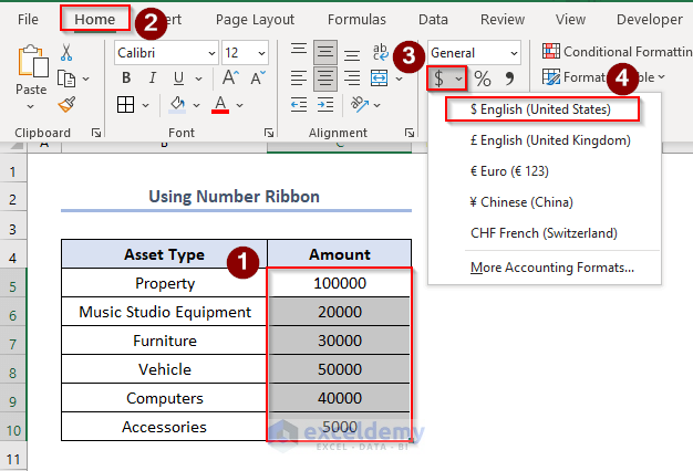 Using Number Ribbon Group to Apply Accounting Number Format in Excel