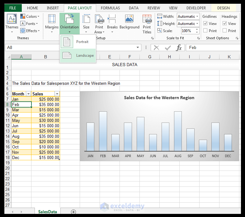 Landscape View of Spreadsheet Page